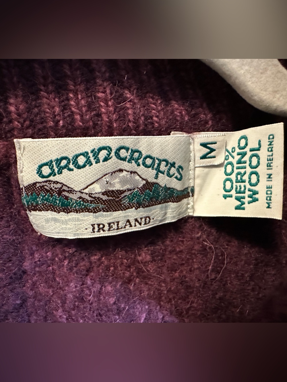 Aran Crafts %100 Merino Wool Cable-Knit Full Zip Purple Cardigan Sweater - Picture 6 of 7